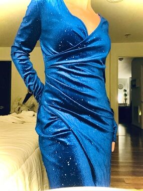 Velvet Sparkle Blue Wrap-Style Long Sleeve Dress